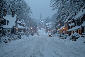 Naklejka premium Serene Winter Street Scene with Historic Architecture, Snow-Covered Pathways, and Softly Glowing Street Lamps in a Photorealistic Setting