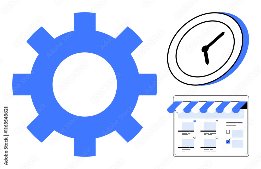Wall mural large gear beside an analog clock and an online storefront interface. ideal for themes of productivi