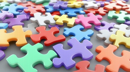 Colorful puzzle pieces scattered on a surface. AI.
