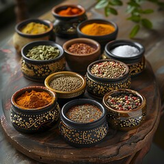 Fototapeta premium variety of exotic spices such as turmeric, paprika, and cumin seeds neatly organized in decorative ceramic containers on a rustic table.