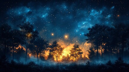 Fototapeta premium Enchanting Night Forest with Starry Sky and Glowing Fireflies