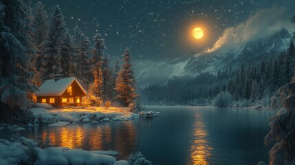 Fototapeta premium Enchanting Winter Cabin by a Moonlit Lake