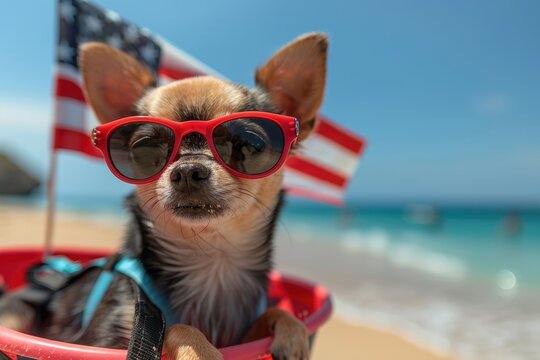 A Chihuahua dog wearing sunglasses on the beach holding an American flag