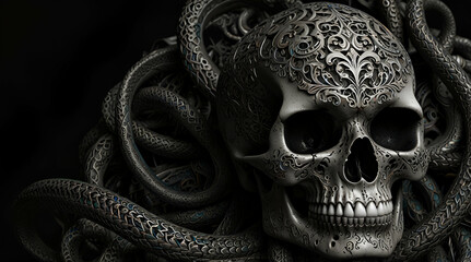 Dark and Intricate Skull with Snakes in Black and White,generative.ai
