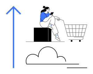 Woman using smartphone next to shopping cart, blue upward arrow, cloud icon Ideal for e-commerce, digital transactions, innovative tech, mobile apps, global business, cloud storage, future trends