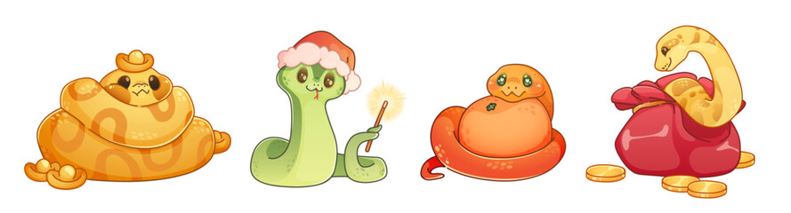 Cute snakes set isolated on white background. Contemporary vector cartoon illustration of reptile characters with Santa hat, golden coins in sack, symbol of New Year 2025 and wealth, exotic animal