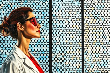 Minimalist Portrait of an Asian Woman in Sunglasses with Dragon Motif Background, Capturing a Bold and Outrageous Fashion Statement in Simple Design
