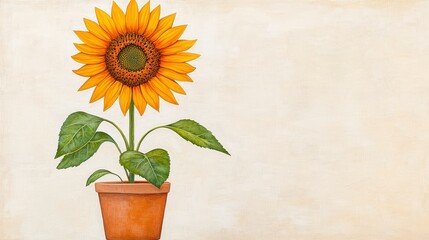Obraz premium Bright and Cheerful Sunflower in a Terracotta Pot on a Soft Neutral Background