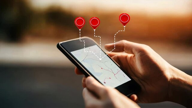 A person uses a smartphone to explore a location with visible map and navigation icons, represents gps navigation, sat nav tools, route planning, and map route functions