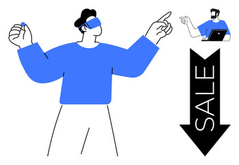 Businessman in VR headset pointing, interacting with sale trends beside coworker with laptop. Ideal for VR commerce, team collaboration, remote work, online marketing, tech integration, digital