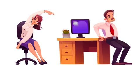 Office stretch workout set - business colleagues performing desk based fitness movements. Cartoon characters doing stretching exercises near workstation with computer monitor, wooden furniture.