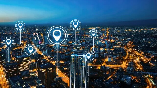A city map displays location pins glowing above an urban landscape at night, showing gps navigation, sat nav tech, route planning, and road trip mapping