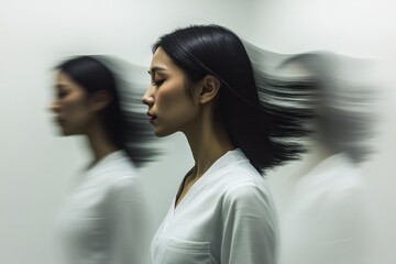 Minimalist Optical Illusion Featuring a Young Woman with Flowing Hair Against a Simple Background, Capturing Motion and Depth in an Asian-Inspired Concept