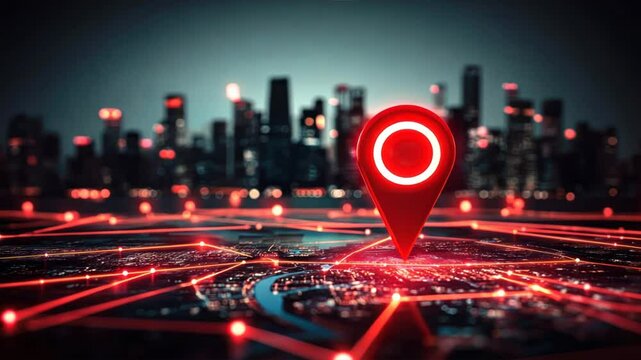 A red location pin icon sits on a map with a city skyline in the background, representing gps navigation, sat nav systems, and route planning for travelers