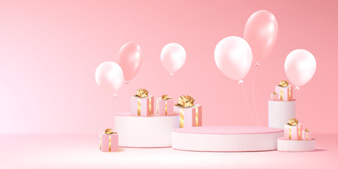 Pink romantic composition with circular white podiums, elegant present boxes decorated with golden ribbons, floating pearly balloons. Wedding showcase, birthday congratulation or luxury brand display.