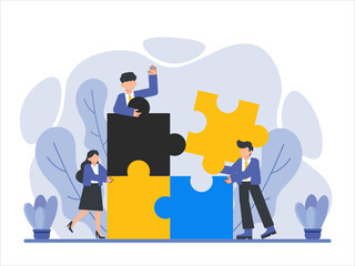 Business Teamwork Illustration Concept, Building Collaborative Solutions, Oversized Puzzle Pieces Assembled by Team, Flat Vector Illustration