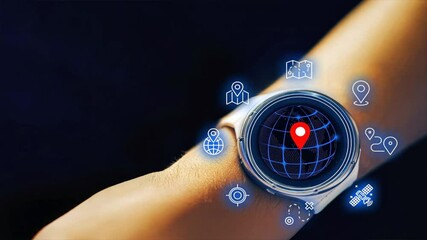 A smartwatch on a wrist displays a digital earth with floating gps navigation icons glowing in blue, highlighting sat nav, route planning, and road trip tools - Powered by Adobe