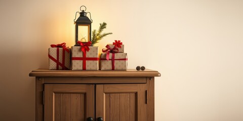 Fototapeta premium Cozy Christmas Eve ambiance presents, lantern, and evergreen sprig on a wooden cabinet