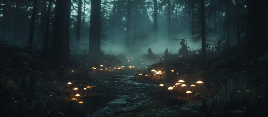 Mystical forest path illuminated by glowing mushrooms.