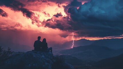 Couple silhouetted against dramatic sunset and lightning storm in mountains.