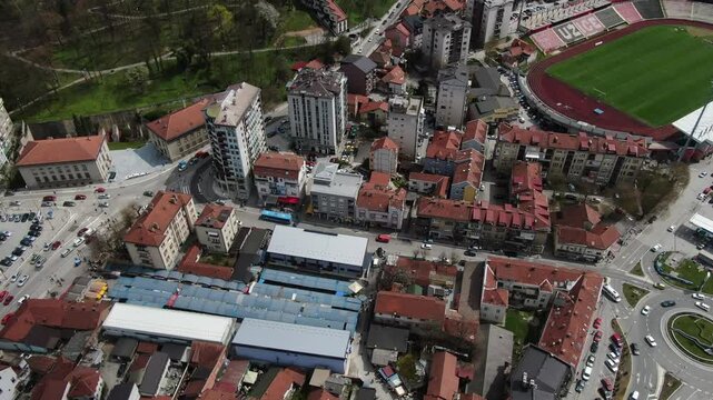 Uzice, Main City in West Serbia. Drone Shot