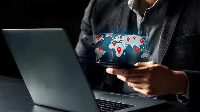 A businessman uses a laptop and mobile phone with location pins on a global map, representing gps navigation, sat nav, route planning, and map route tools