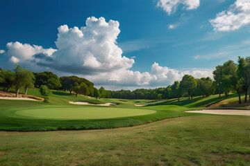 Obraz premium Beautiful outdoor green grass ground field mountain hill and tree public park with cloudy blue sun light sky background landscape in day time