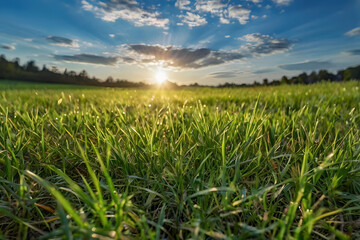 Obraz premium Beautiful outdoor green grass ground field mountain hill and tree public park with cloudy blue sun light sky background landscape in day time