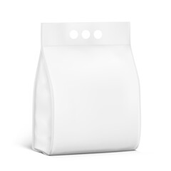 Packaging bag with a finger handle mockup. Vector illustration isolated on white background. Half side view. Perfect for presentation laundry, chemical products, litter and etc. EPS10.