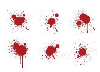 Blood splash collection - crimson stains with scattered droplets, drips and splatter patterns. Different sizes of abstract paint splotches for horror effect, crime scene decoration or halloween design
