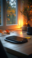 A charging smartphone resting on a wireless charging pad, surrounded by minimalist decor, soft lighting, clean and professional, photorealistic