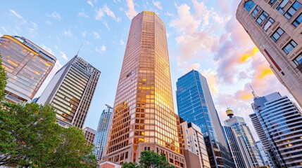 Skyscrapers Glowing Orange at Sunset in a Bustling City Landscape