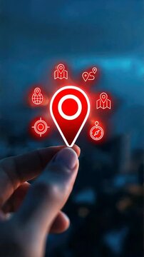 A close-up of a hand holds a red location pin with a cityscape at night, symbolizing gps navigation, sat nav technology, and route planning features