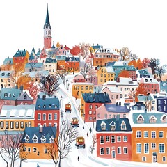 Watercolor Painting of a Charming Snowy European Town in Winter.