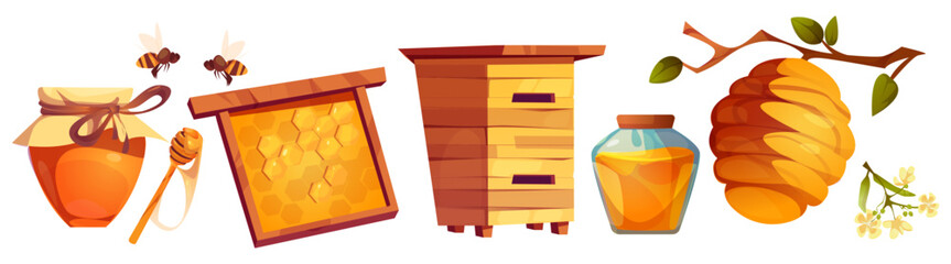 Beehive and apiary equipment set - glass jar with sweet product, honeycomb frame, wooden hive box, ceramic pot and natural nest on branch with bees flying above. Agriculture and farm visual elements. © klyaksun