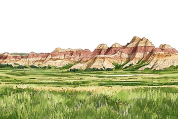 A stylized watercolor painting of Badlands National Park in South Dakota, showcasing the layered, colorful rock formations and foreground prairie grass.