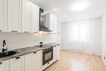 interior apartment kitchen and dining room, refectory area, cooking equipment, table furniture, stove