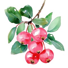 Watercolor painting of a branch with pink crabapples and green leaves.