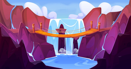 Wooden bridge stretches across waterfall cascading between rocky mountain cliffs. Fantasy landscape with blue water, white foam splash and cloudy sky background. setting for adventure game scene. © klyaksun