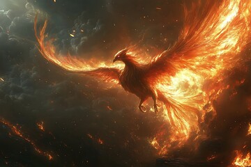 Naklejka premium Fiery Phoenix Soaring Through Dark Cloudscape