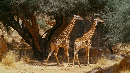 Giraffes Walking Beside a Large Tree at Golden Hour