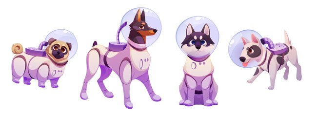 Space dog mascot set - cartoon pug, doberman, husky and bull terrier wearing astronaut suits with protective bubble helmets and life support systems. Cute characters for intergalactic exploration. © klyaksun