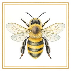 watercolor illustration of a detailed bee, artistic watercolor illustration of a detailed bee with transparent wings and vibrant yellow and black stripes, framed with a gold border.
