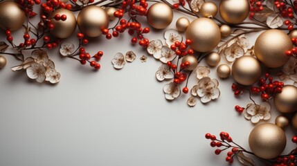 Elegant Christmas Ornament Border with Gold Balls and Red Berries