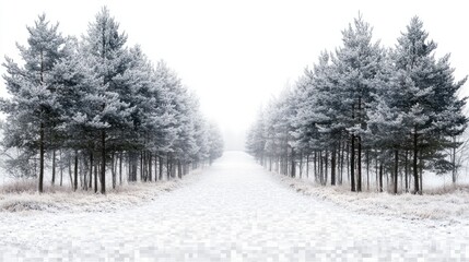 Naklejka premium A frosty forest path lined with snow-covered trees, isolated on a transparent background