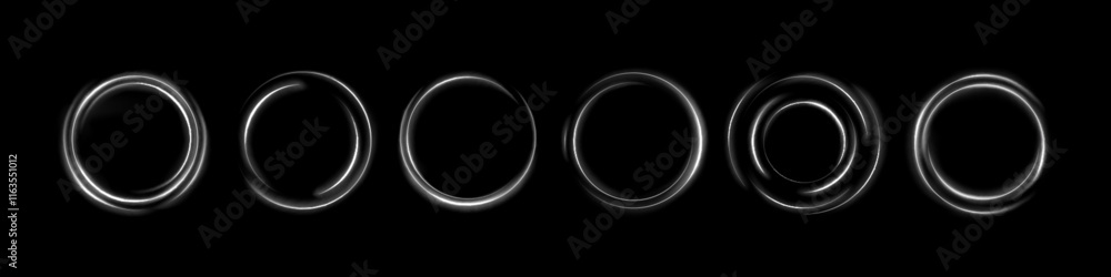 Poster neon ring set - glowing white circular frames with varying lined patterns. luminous geometric shapes