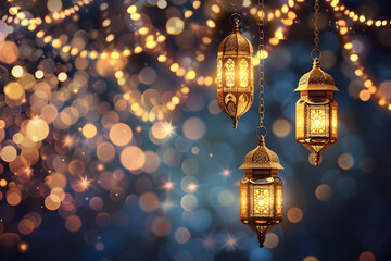 illustration hanging golden Moroccan lanterns, Ramadan Kareem