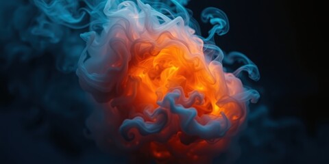 Obraz premium Abstract swirling vibrant orange and teal smoke cloud, a captivating blend of colors and textures