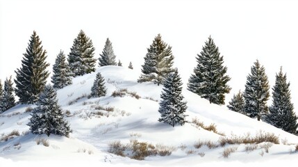 Naklejka premium A rolling snowy hillside dotted with evergreen trees, creating a classic winter landscape on transparent background