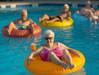 Relaxing seniors enjoying poolside fun community pool lifestyle photography sunny day vibrant atmosphere leisure activities